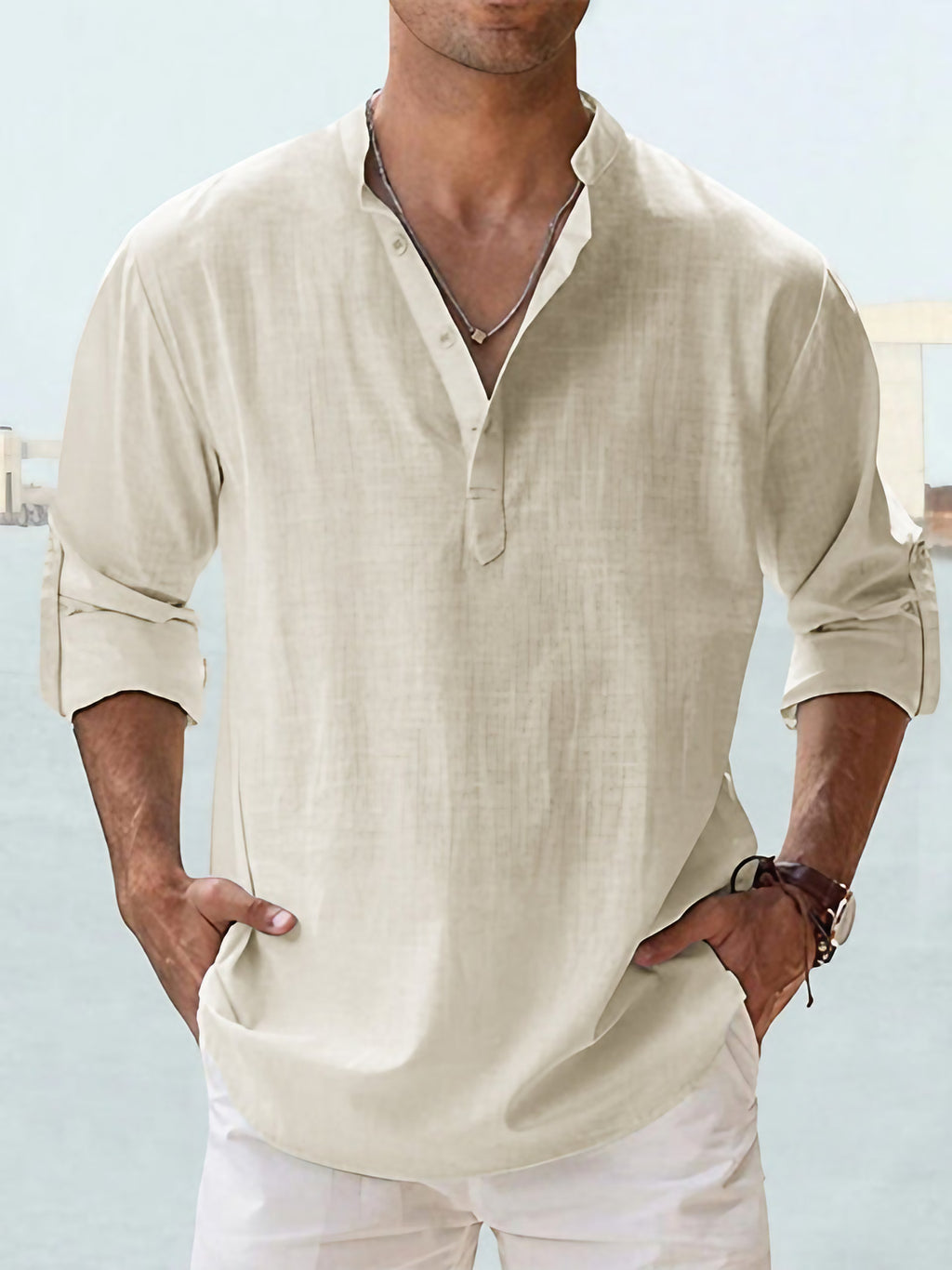 Chemise homme col Henley coupe slim, onze coloris, abricot