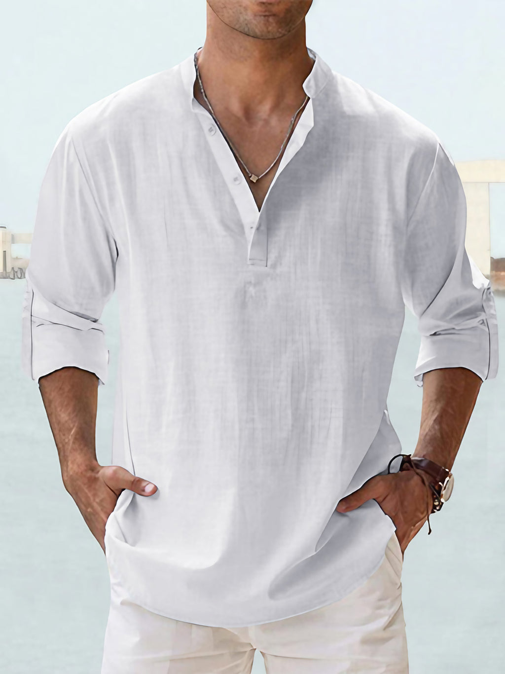 Chemise homme col Henley coupe slim, onze coloris, blanc
