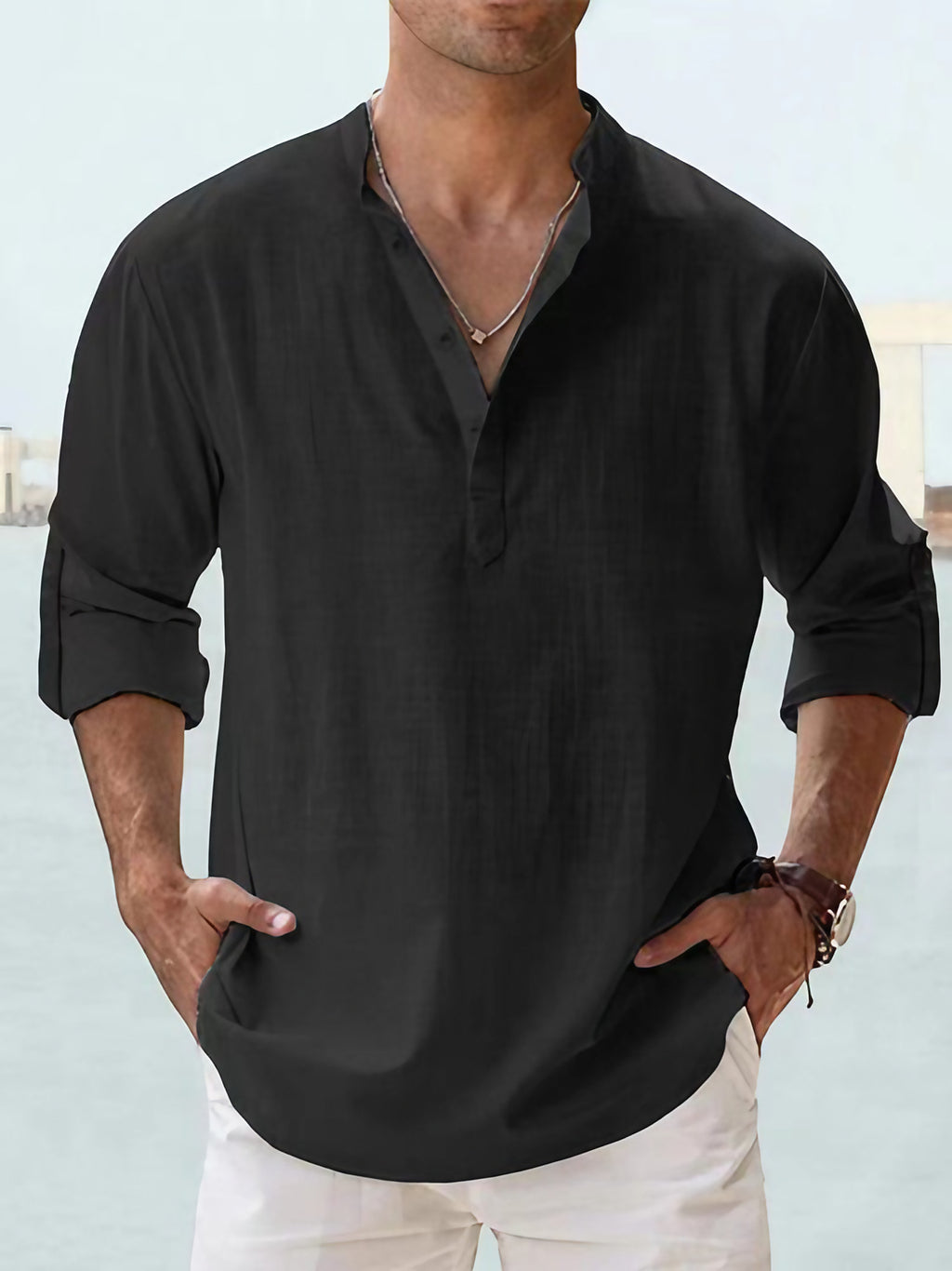 Chemise homme col Henley coupe slim, onze coloris, noir