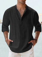 Chemise homme col Henley coupe slim, onze coloris, noir