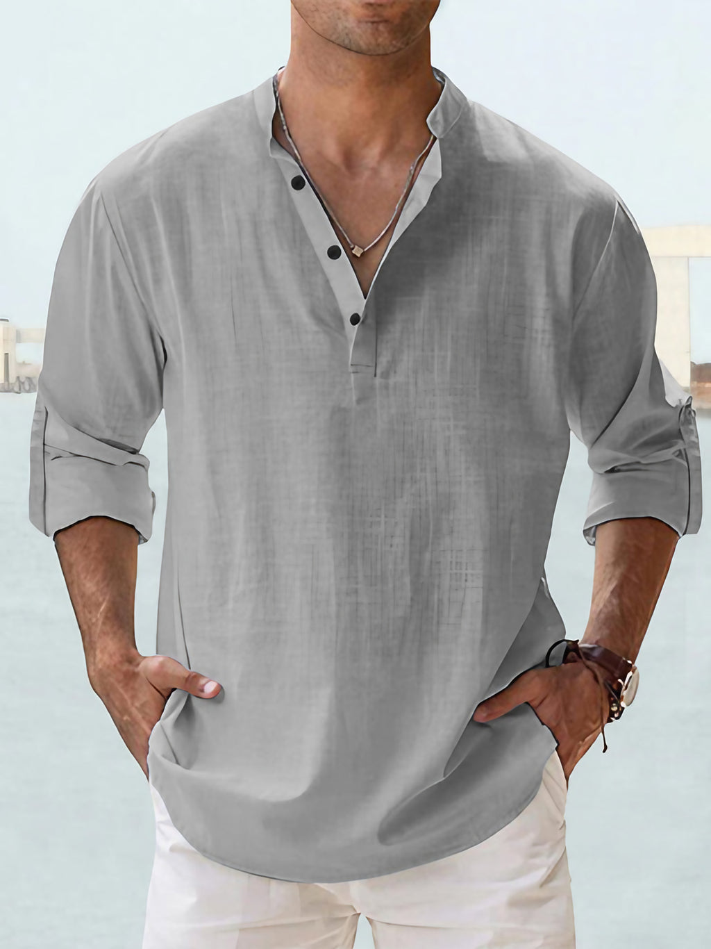 Chemise homme col Henley coupe slim, onze coloris, gris