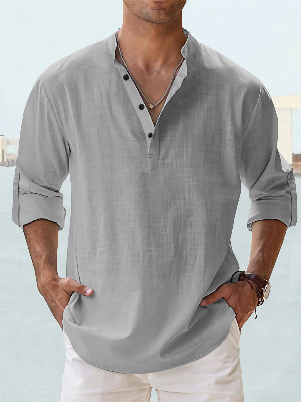 Chemise homme col Henley coupe slim, onze coloris, gris