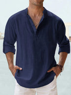 Chemise homme col Henley coupe slim, onze coloris, bleu