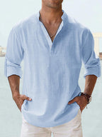 Chemise homme col Henley coupe slim, onze coloris, bleu clair