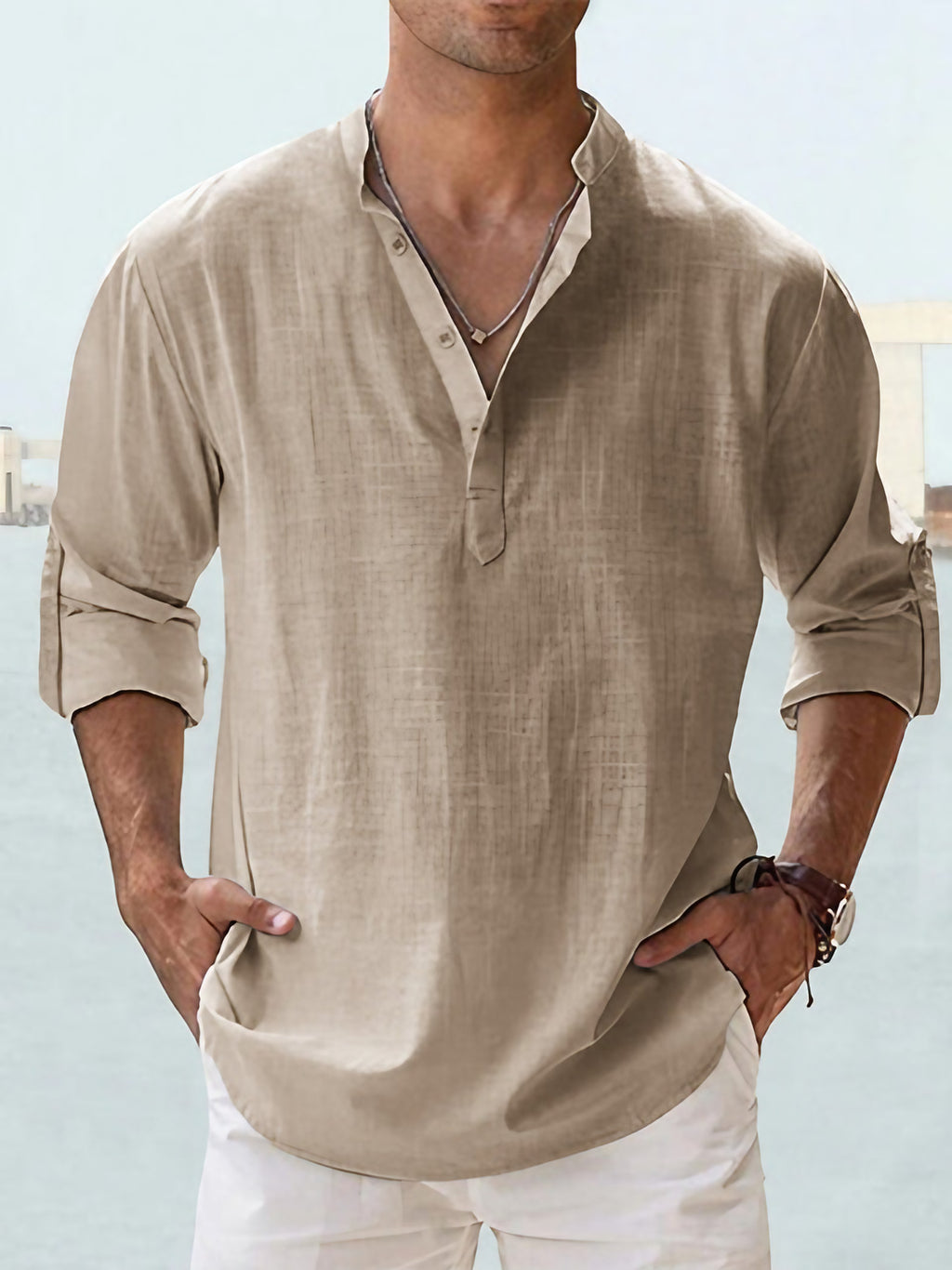 Chemise homme col Henley coupe slim, onze coloris, kaki