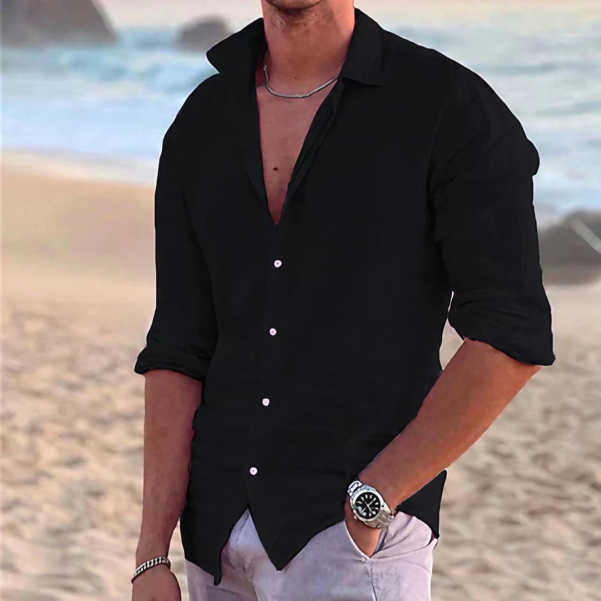 Chemise homme légère unie, quatre coloris, du S au 3XL, noir