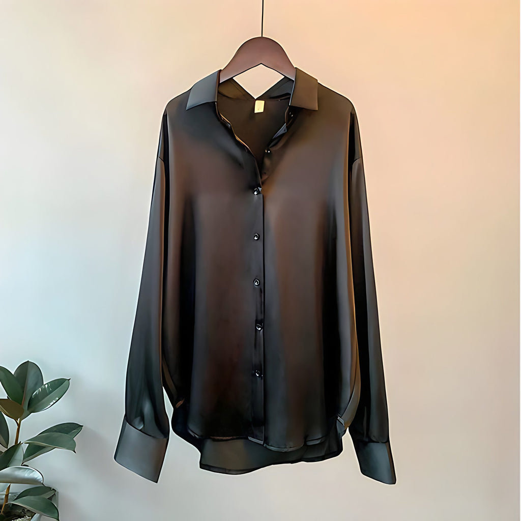 Chemise en satin femme, champagne, gris vert, noir ou blanc, noir