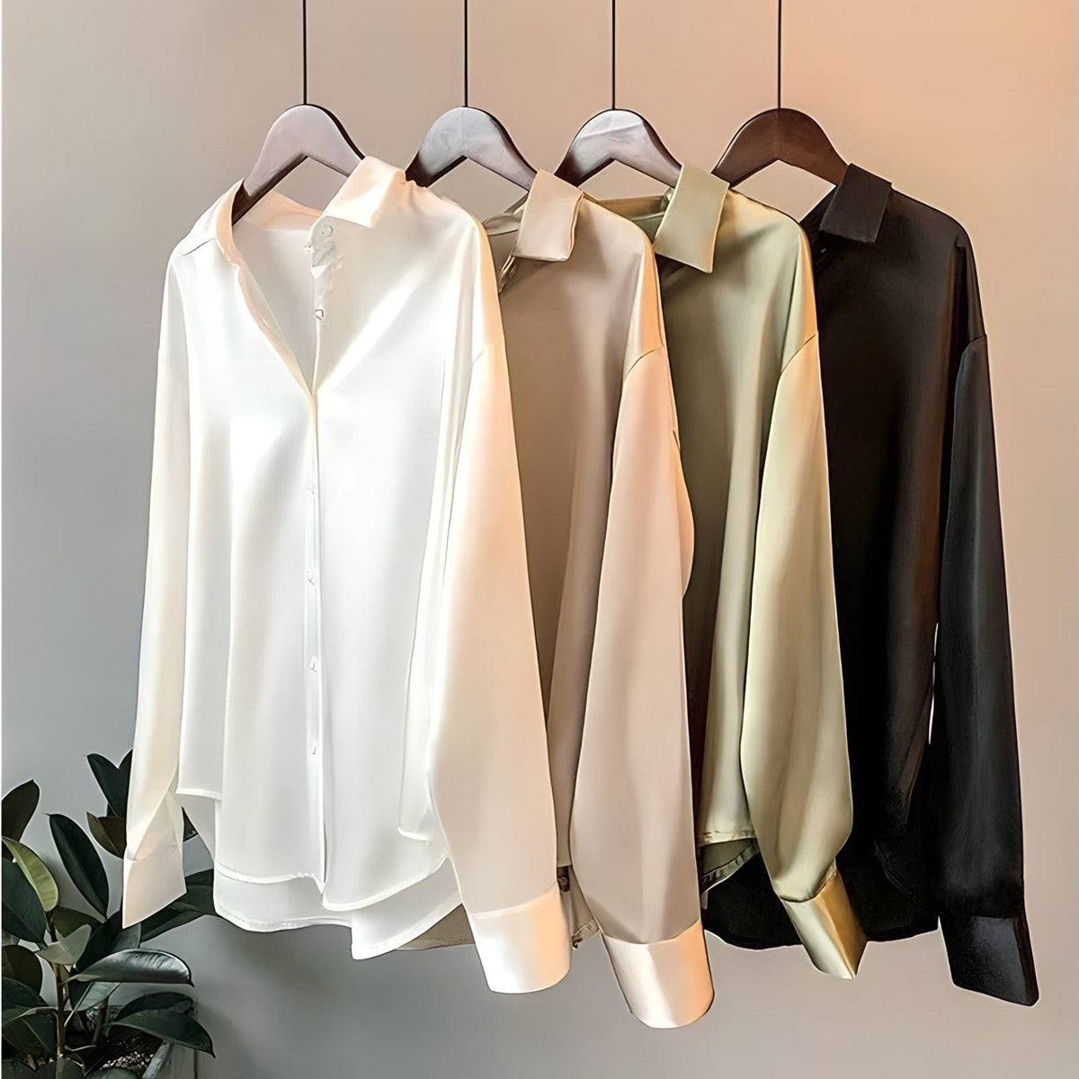 Chemise en satin femme, champagne, gris vert, noir ou blanc