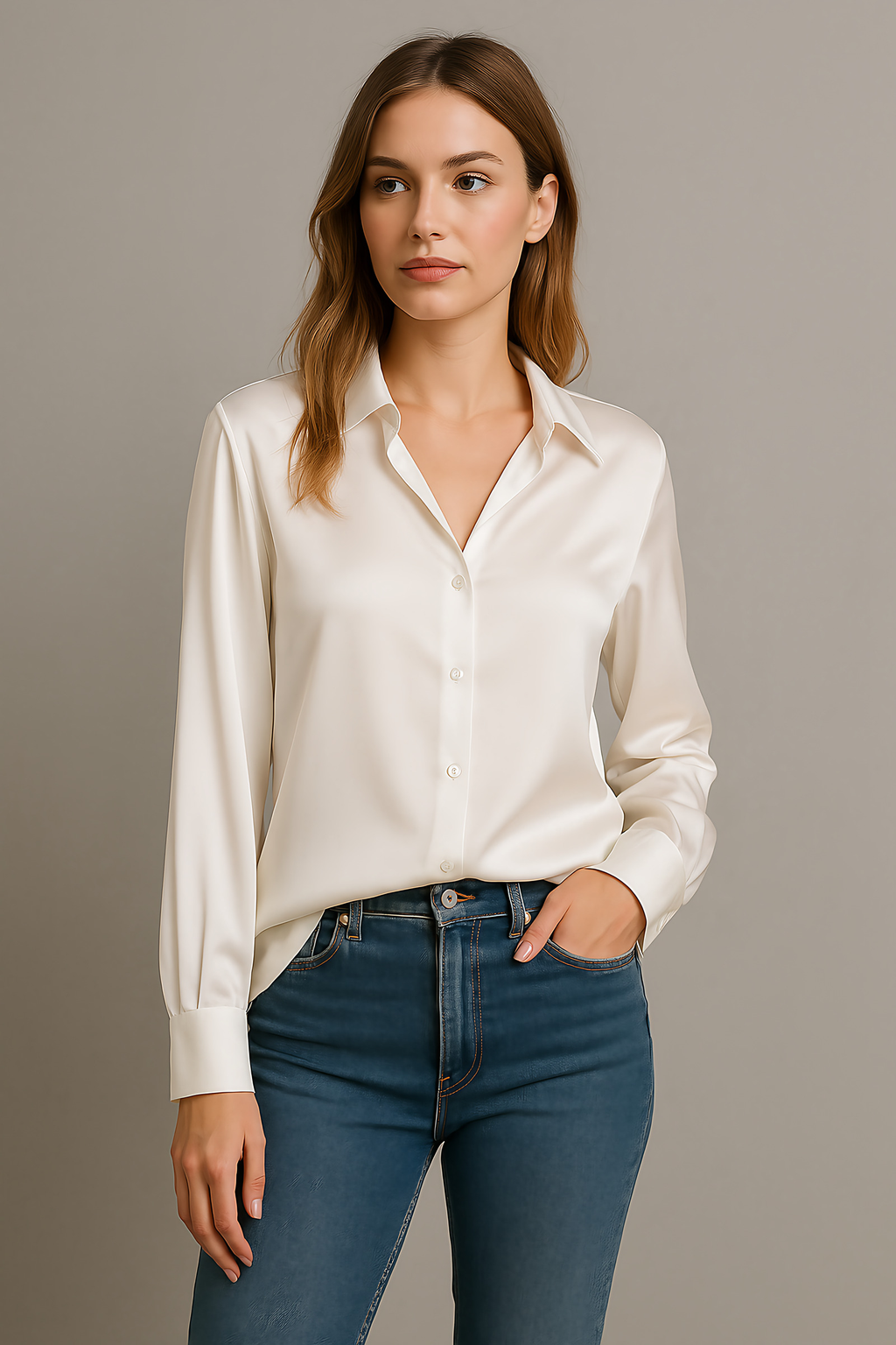 Chemise femme habillée, champagne, vert-gris, noir ou blanc, blanc
