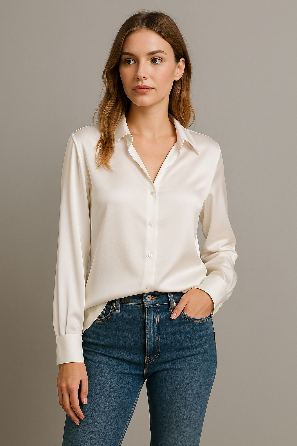 Chemise femme habillée, champagne, vert-gris, noir ou blanc, blanc
