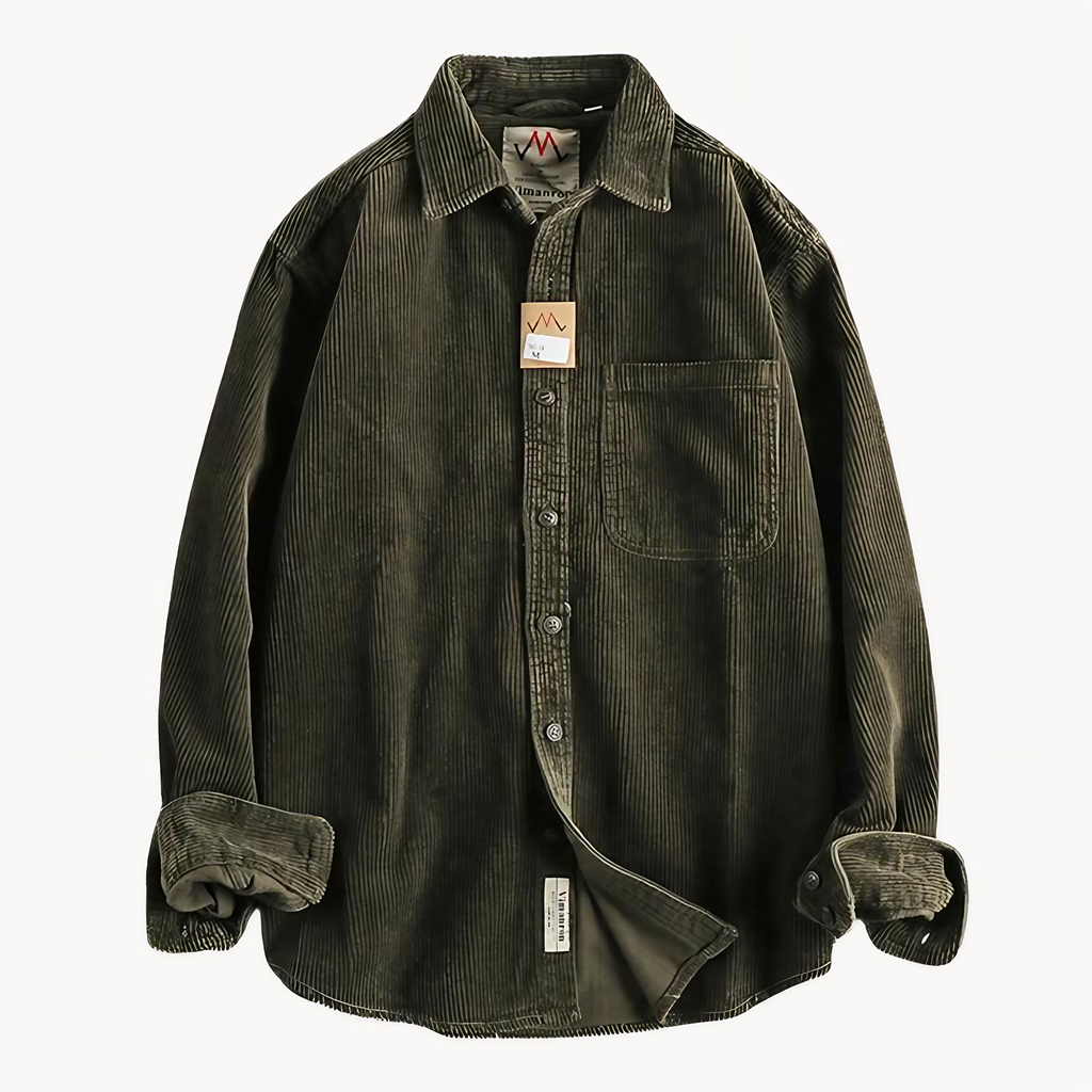 Chemise homme en velours côtelé, poches poitrine, dix coloris, vert foncé