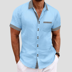 Chemise homme manches courtes à col contrasté, cinq coloris, bleu clair