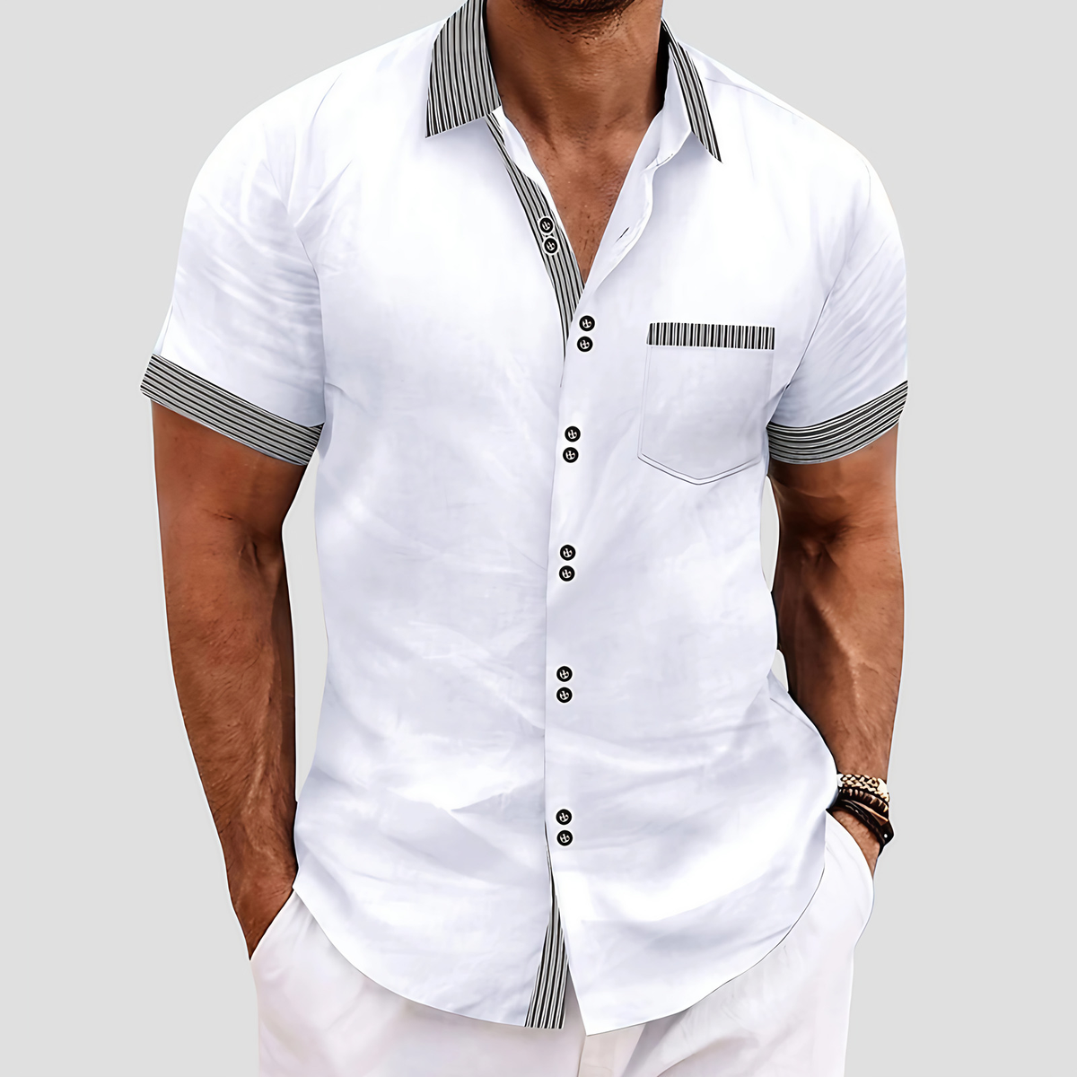 Chemise homme manches courtes à col contrasté, cinq coloris, blanc