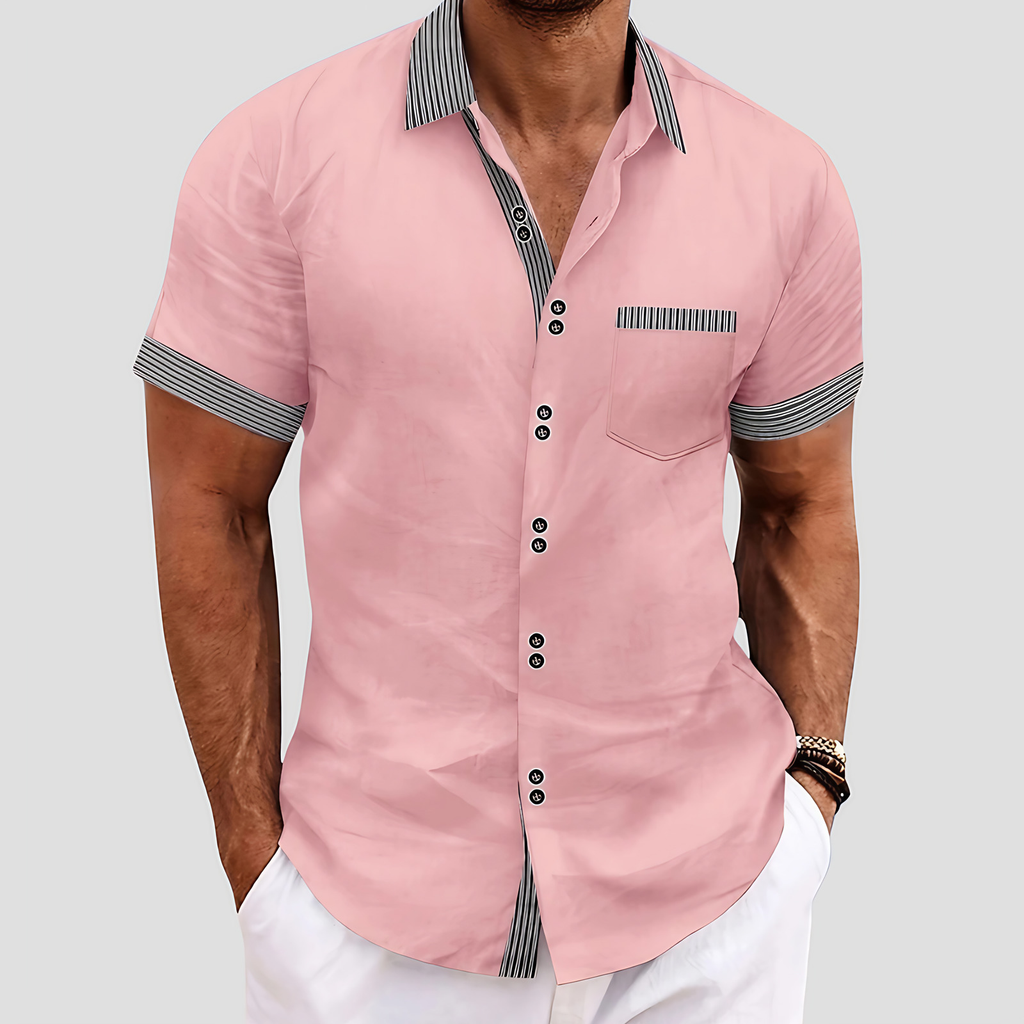 Chemise homme manches courtes à col contrasté, cinq coloris, rose