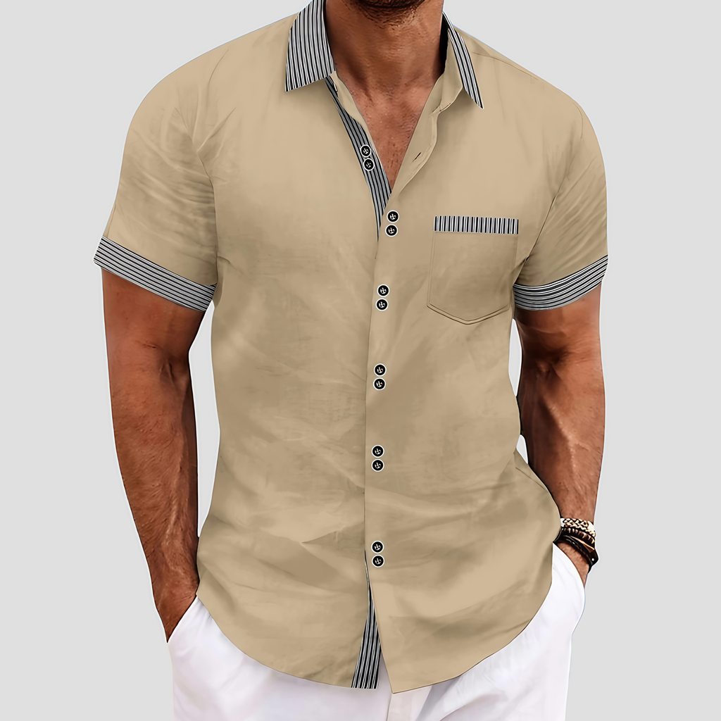 Chemise homme manches courtes à col contrasté, cinq coloris, kaki