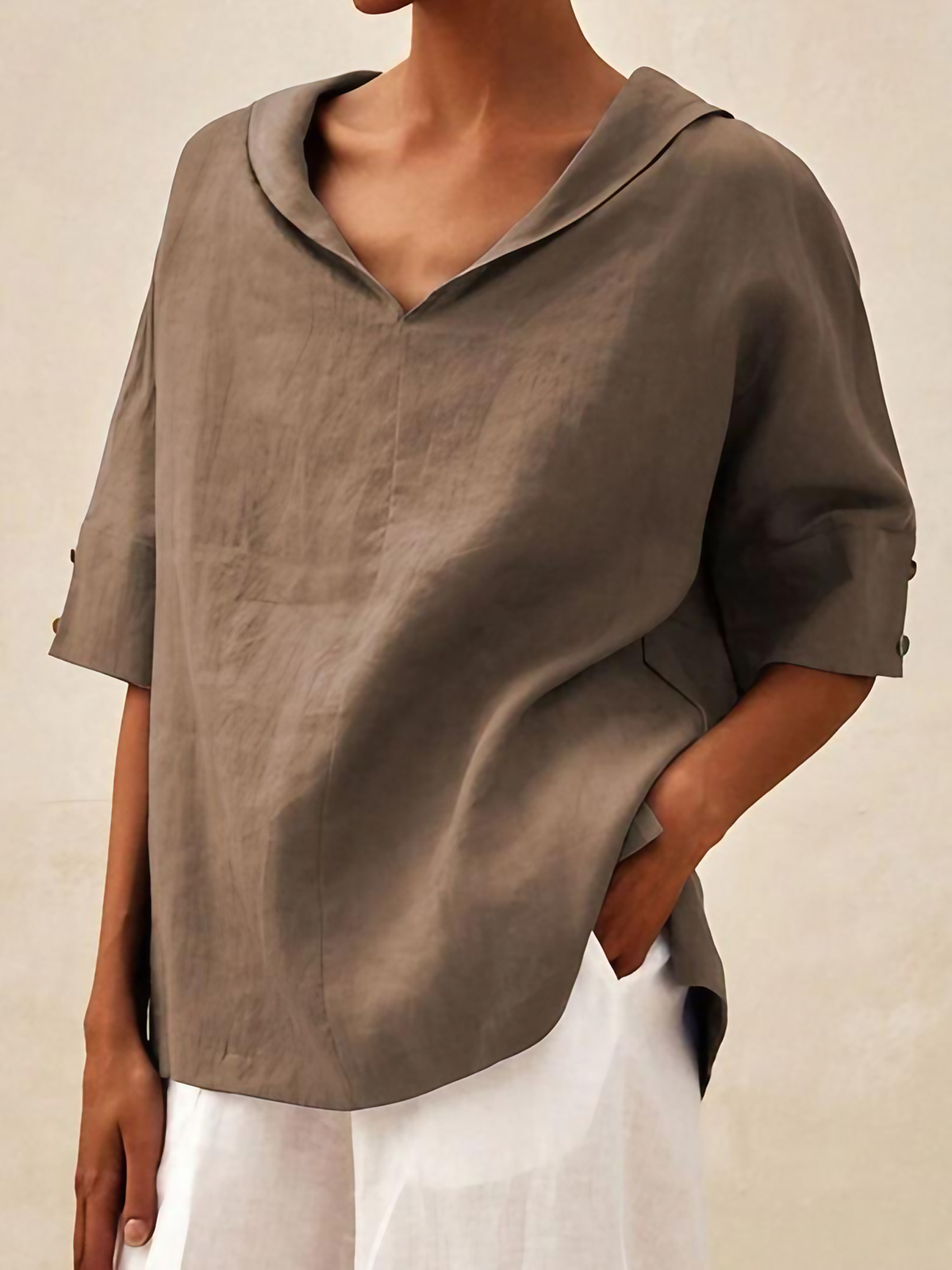 Chemise femme col V coupe ample, huit coloris, du S au 3XL, kaki