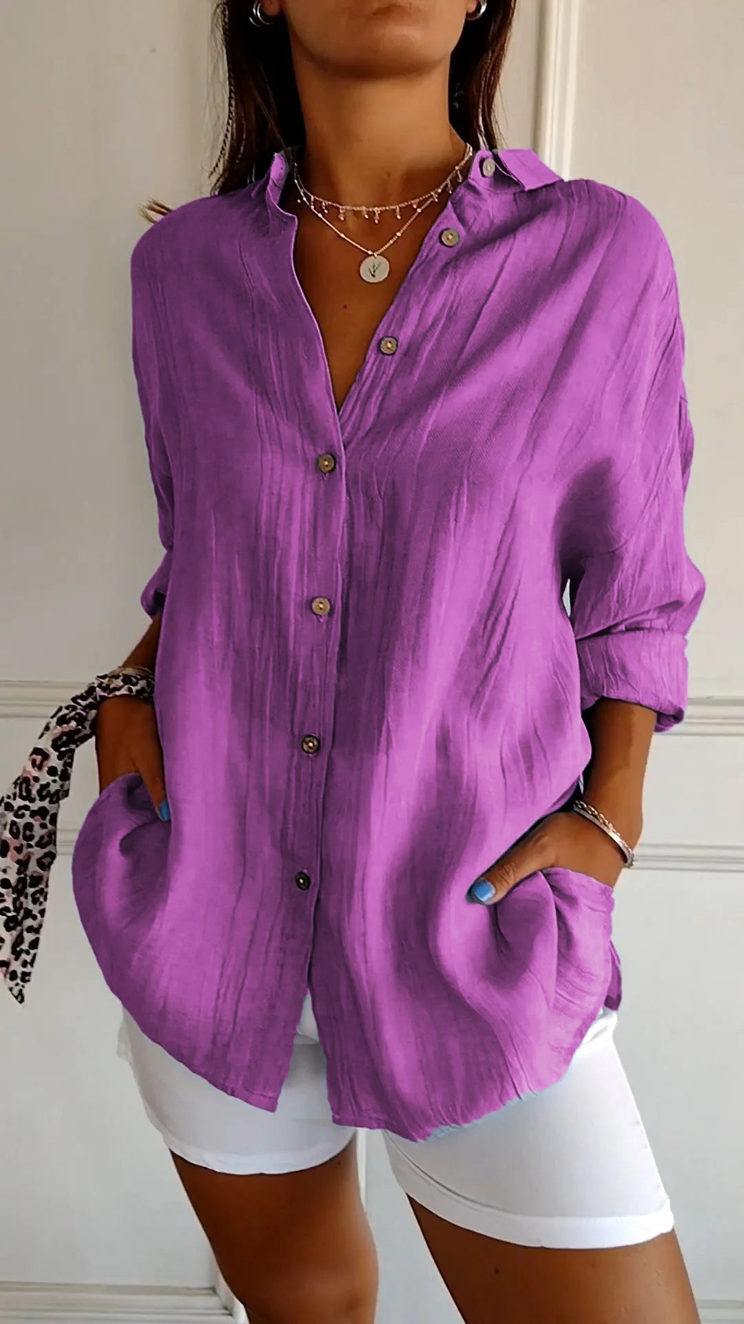 Chemise femme à plis, douze coloris, du S au 5XL, violet
