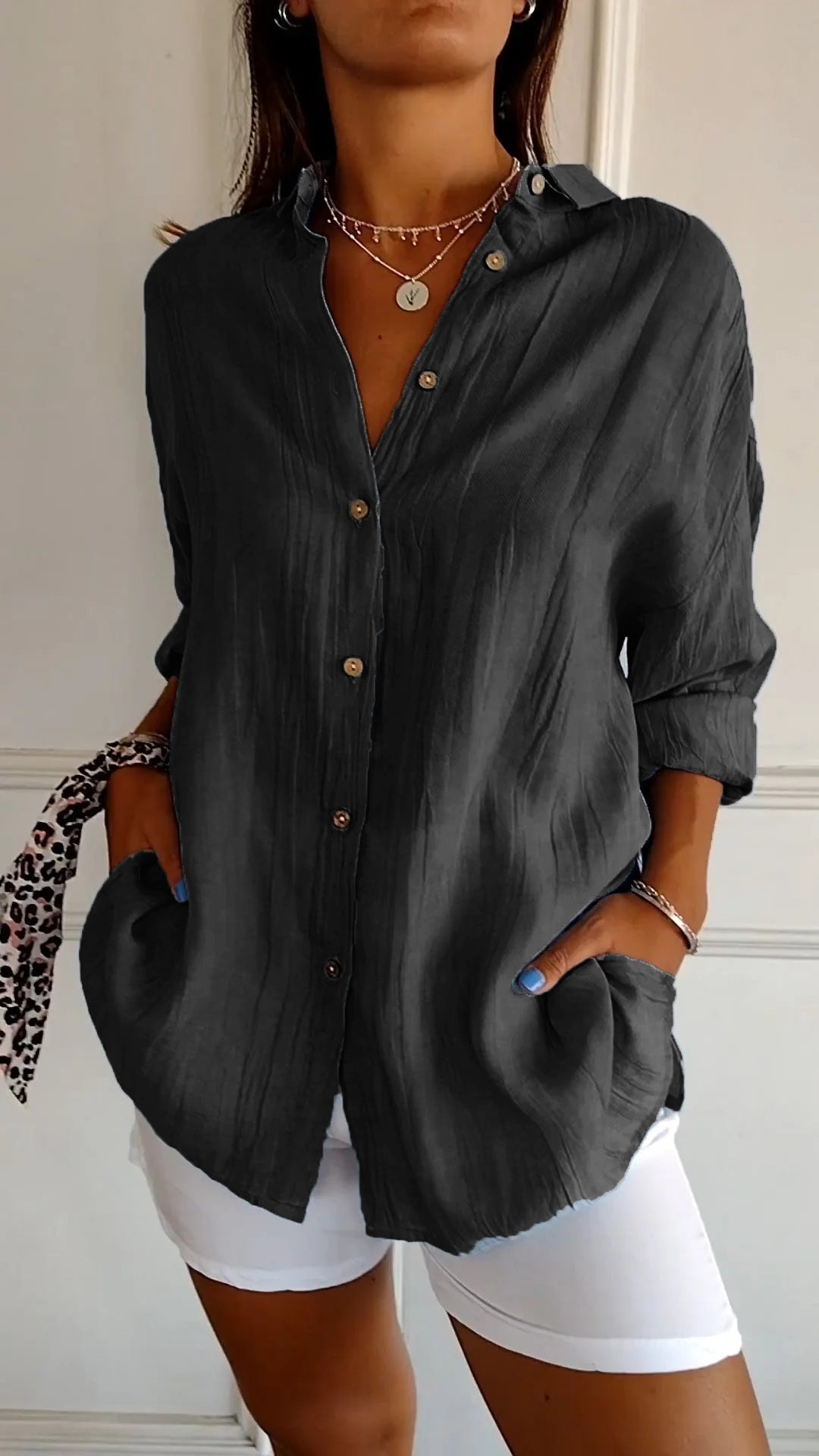 Chemise femme à plis, douze coloris, du S au 5XL, noir