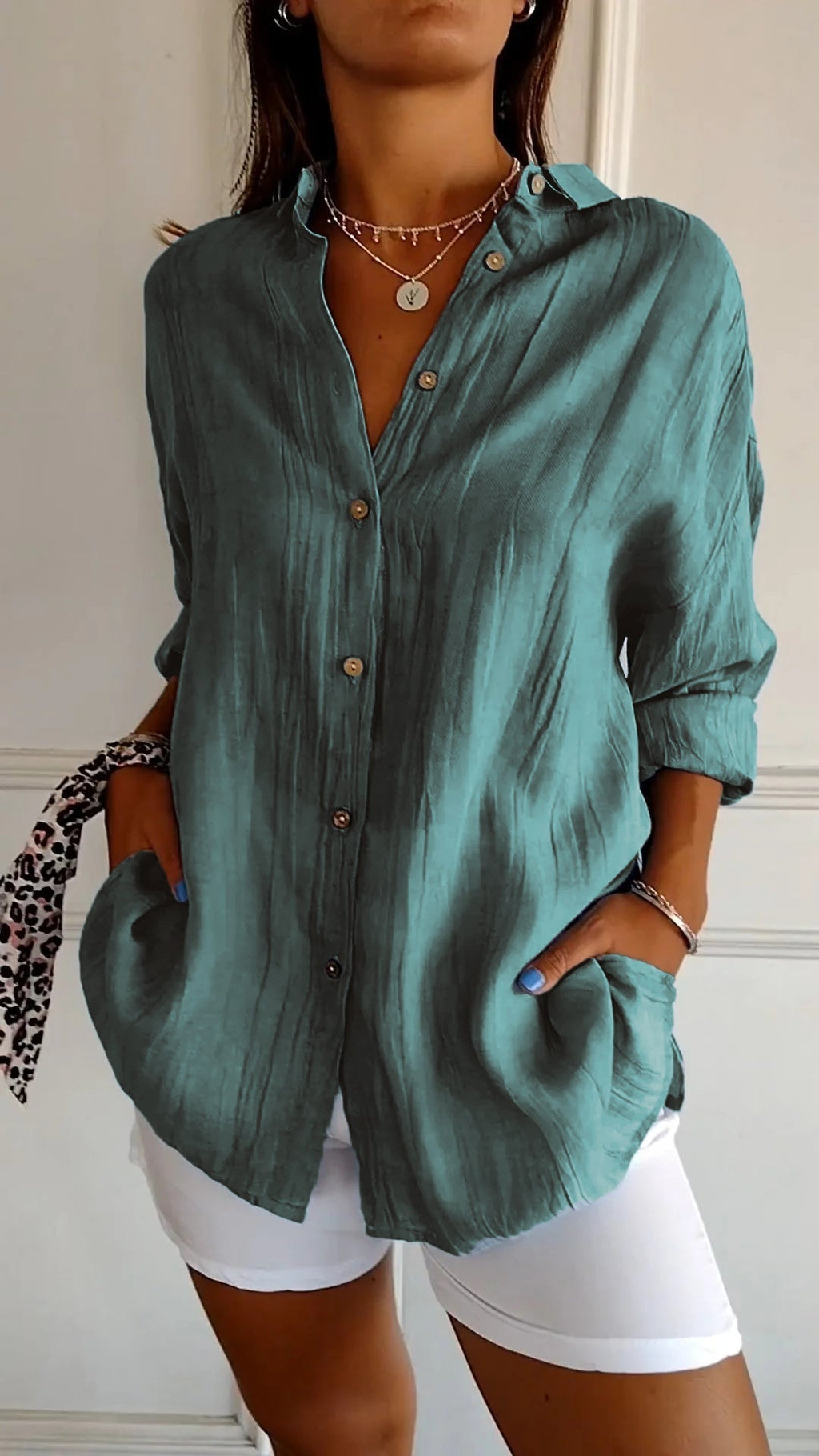 Chemise femme à plis, douze coloris, du S au 5XL, vert lac