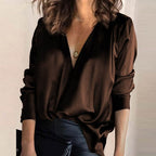 Chemise fluide femme à col V profond, manches longues, marron