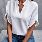 Chemise femme col V à manches courtes, sept coloris, blanc