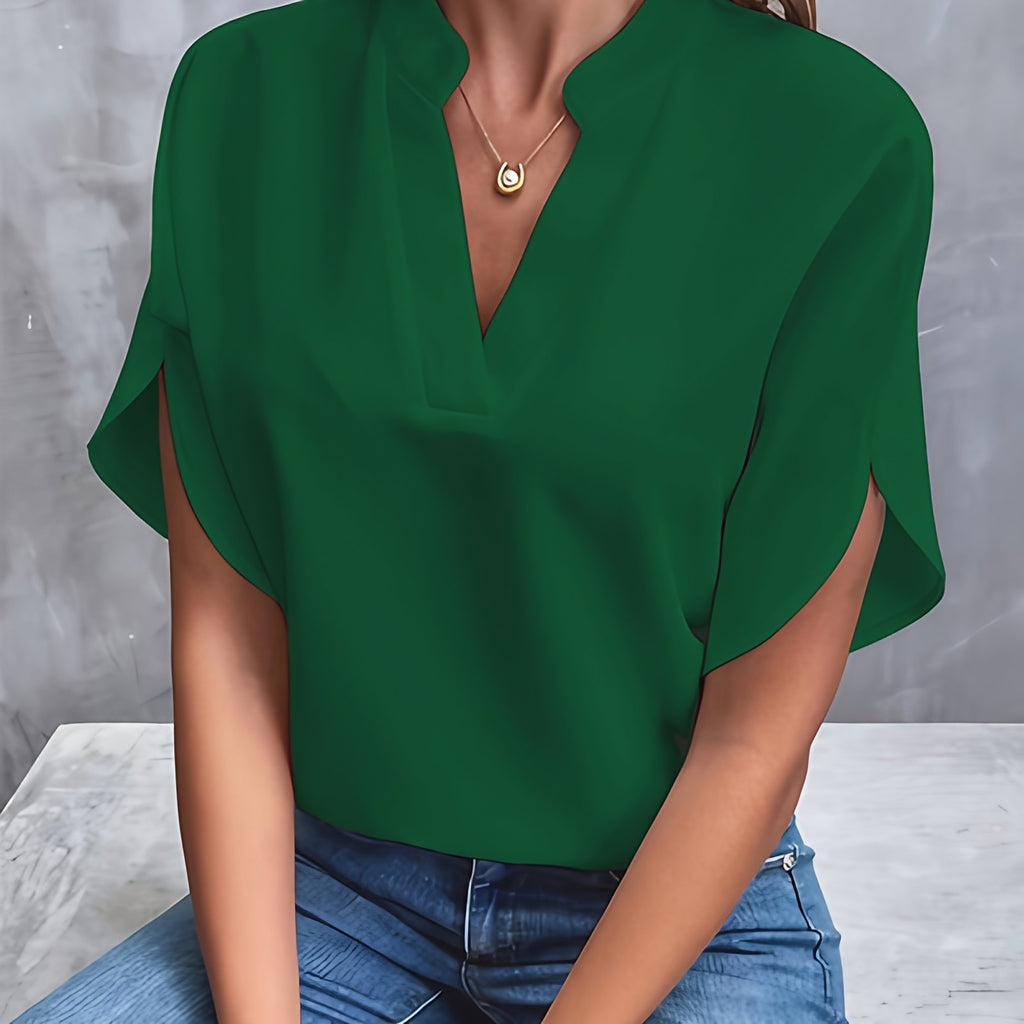 Chemise femme col V à manches courtes, sept coloris, vert