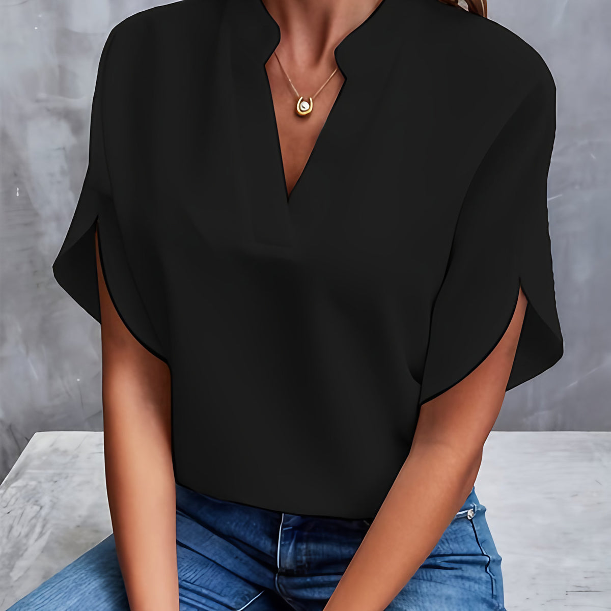 Chemise femme col V à manches courtes, sept coloris, noir