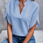 Chemise femme col V à manches courtes, sept coloris, bleu