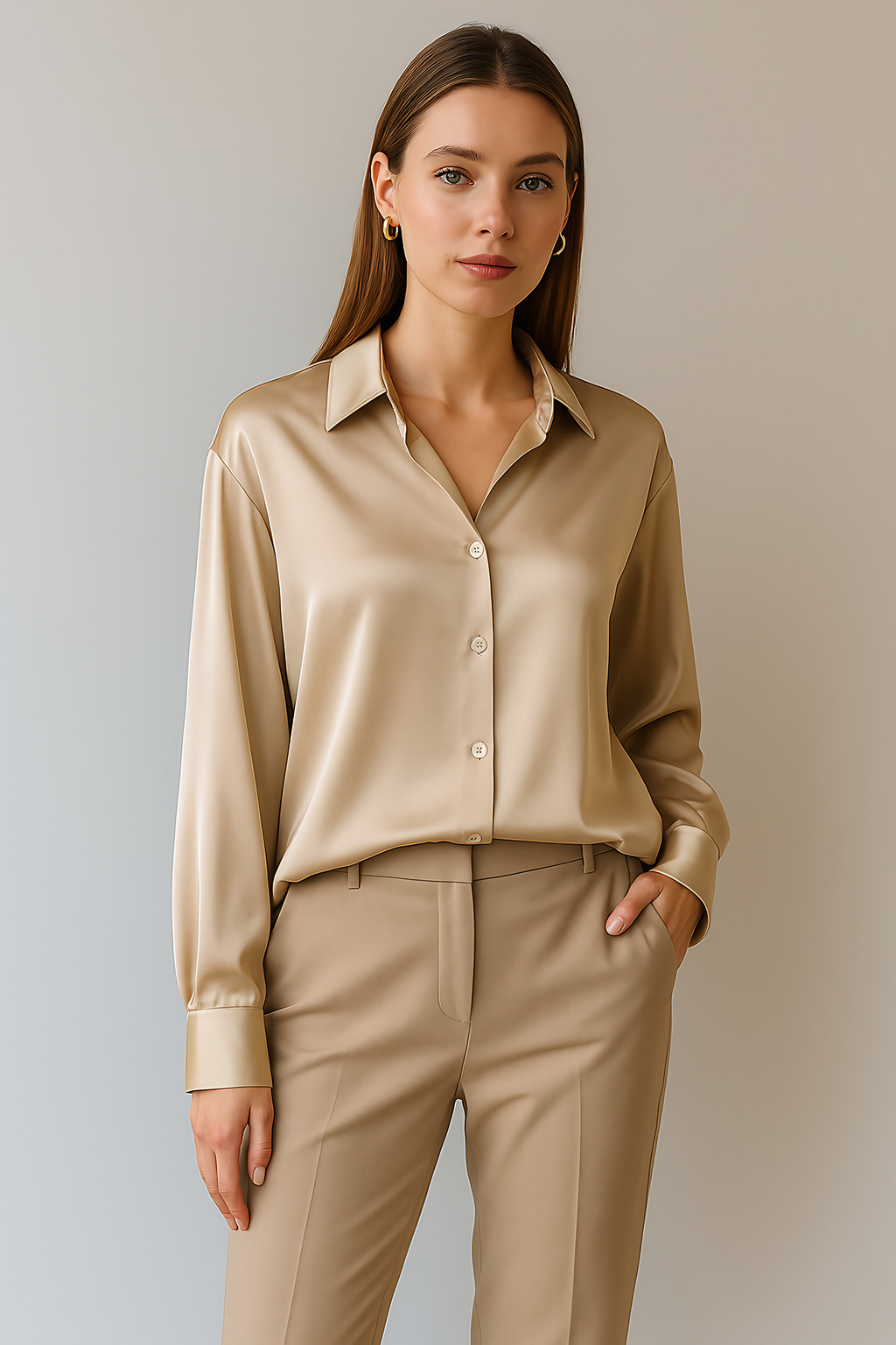 Chemise femme habillée manches longues, champagne, noir ou blanc, champagne