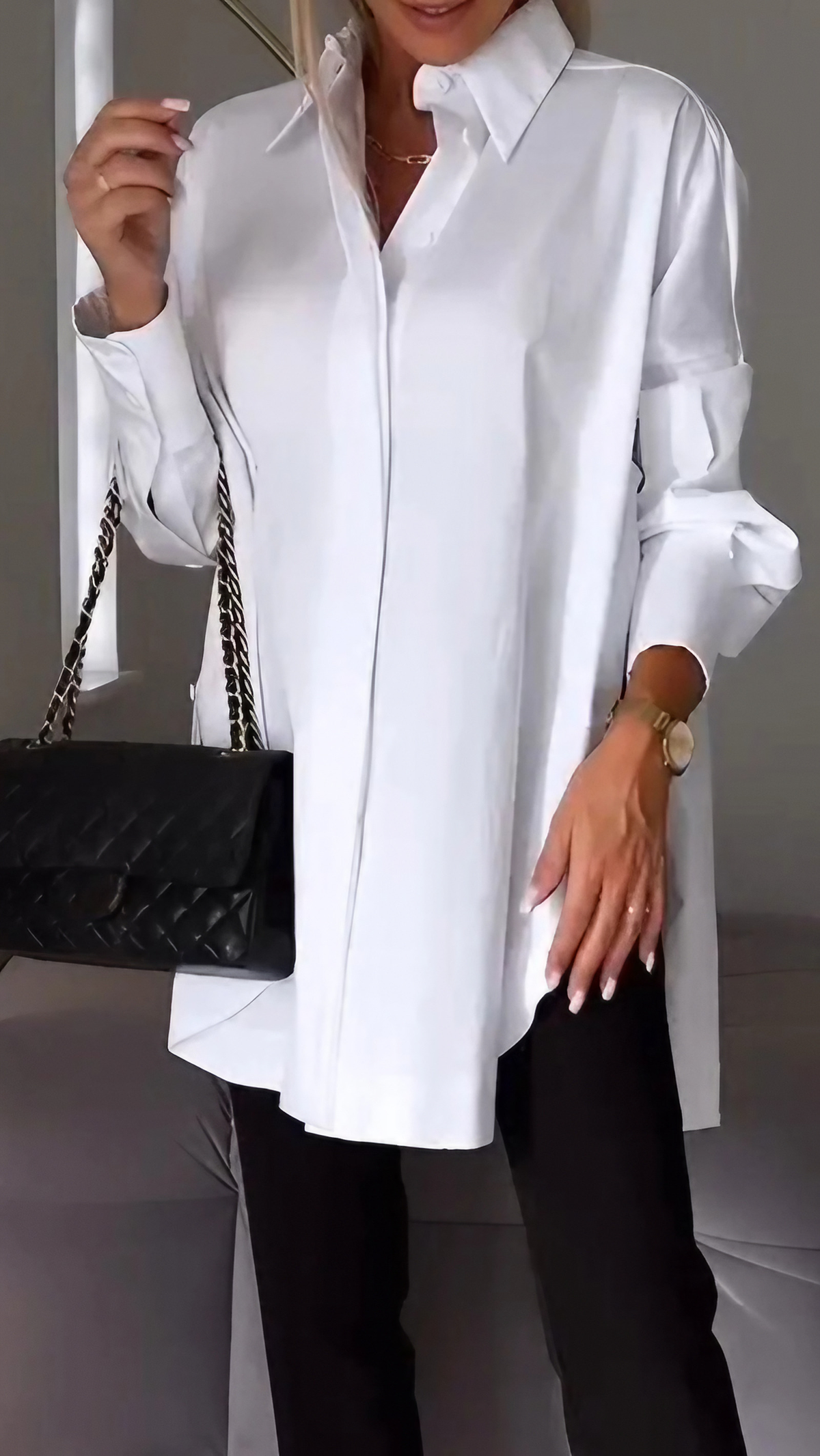 Chemise femme oversize à manches retroussées, du S au 5XL, blanc