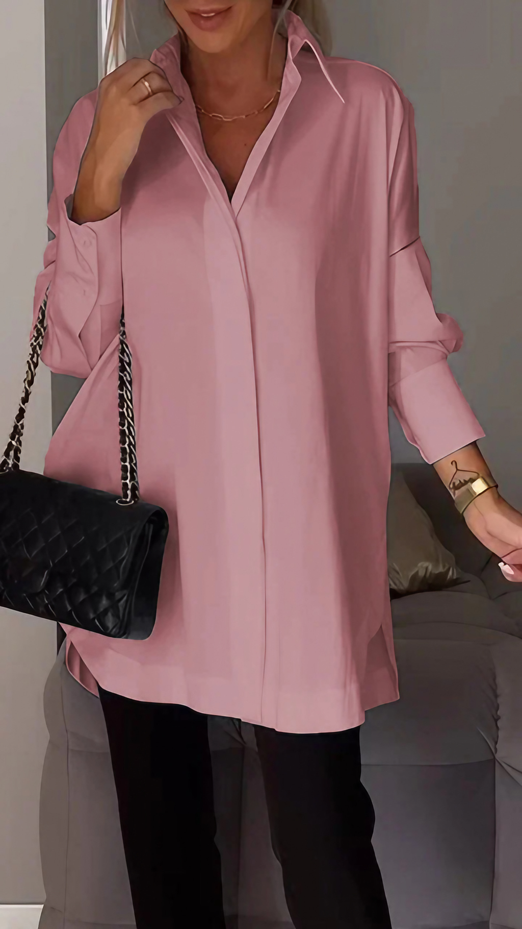 Chemise femme oversize à manches retroussées, du S au 5XL, rose