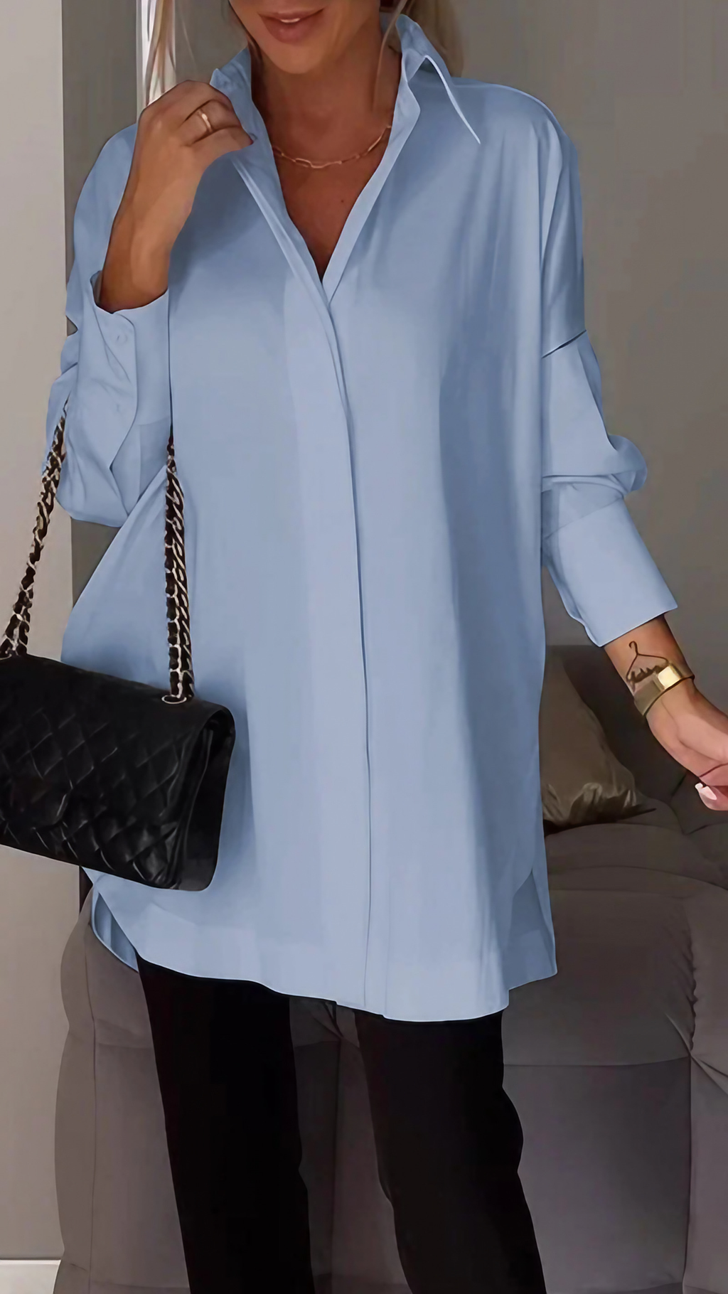 Chemise femme oversize à manches retroussées, du S au 5XL, bleu clair