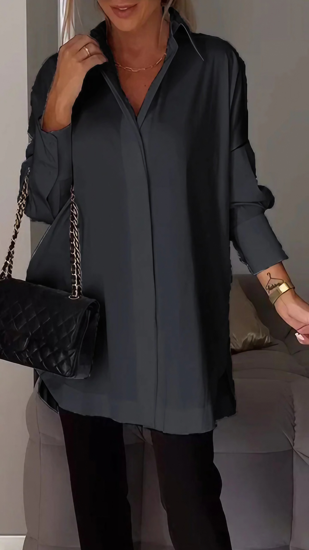 Chemise femme oversize à manches retroussées, du S au 5XL, noir