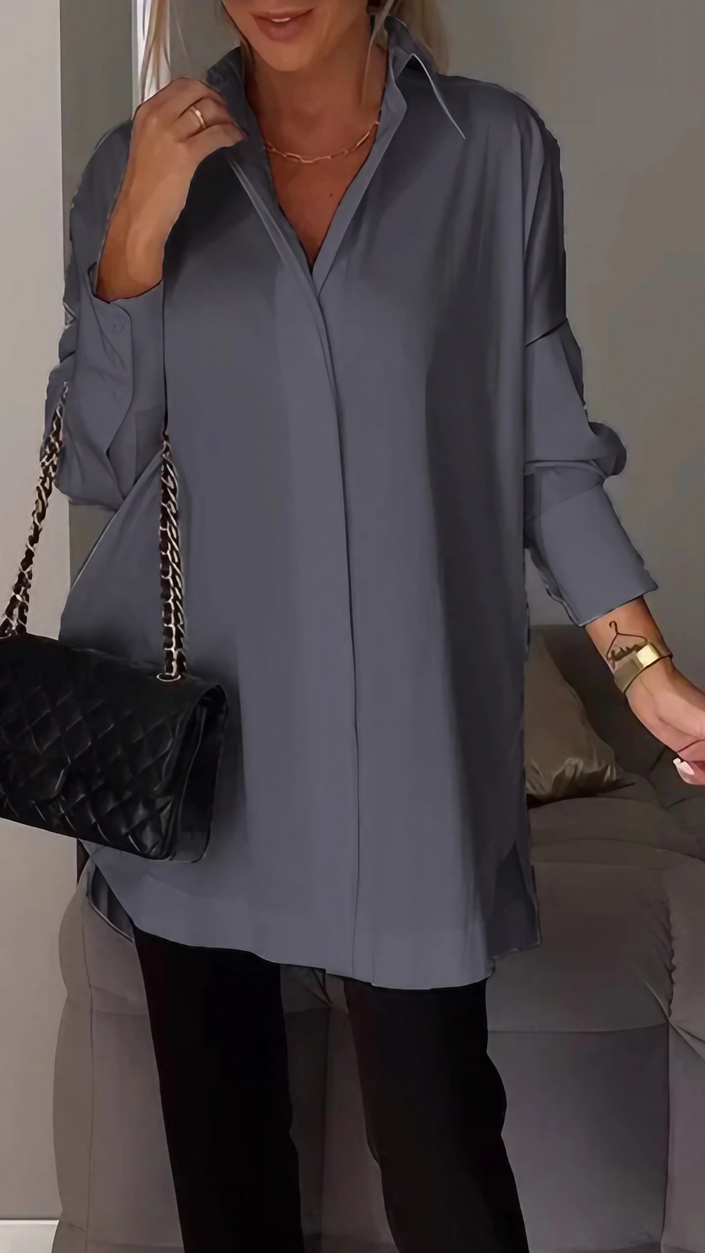 Chemise femme oversize à manches retroussées, du S au 5XL, gris