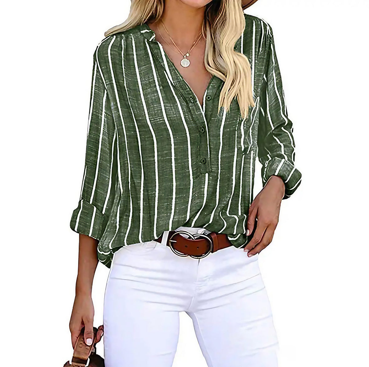 Chemise rayée femme ample, manches à patte, boutonnée, vert