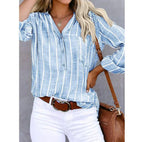 Chemise rayée femme ample, manches à patte, boutonnée, bleu clair