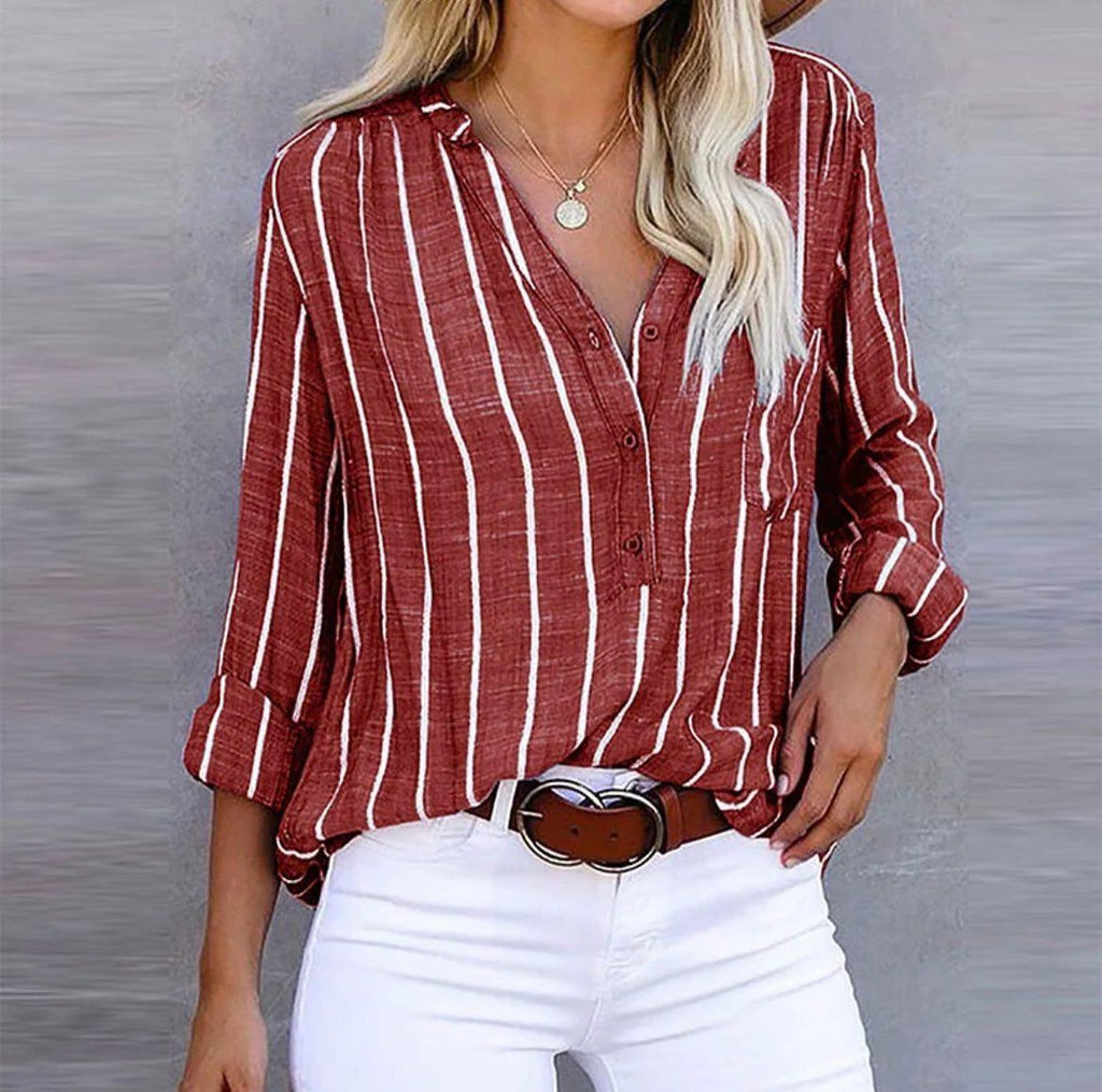 Chemise rayée femme ample, manches à patte, boutonnée, rouge
