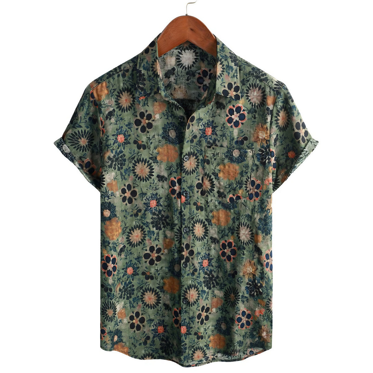 Chemise hawaïenne homme manches courtes, imprimé tropical, vert foncé