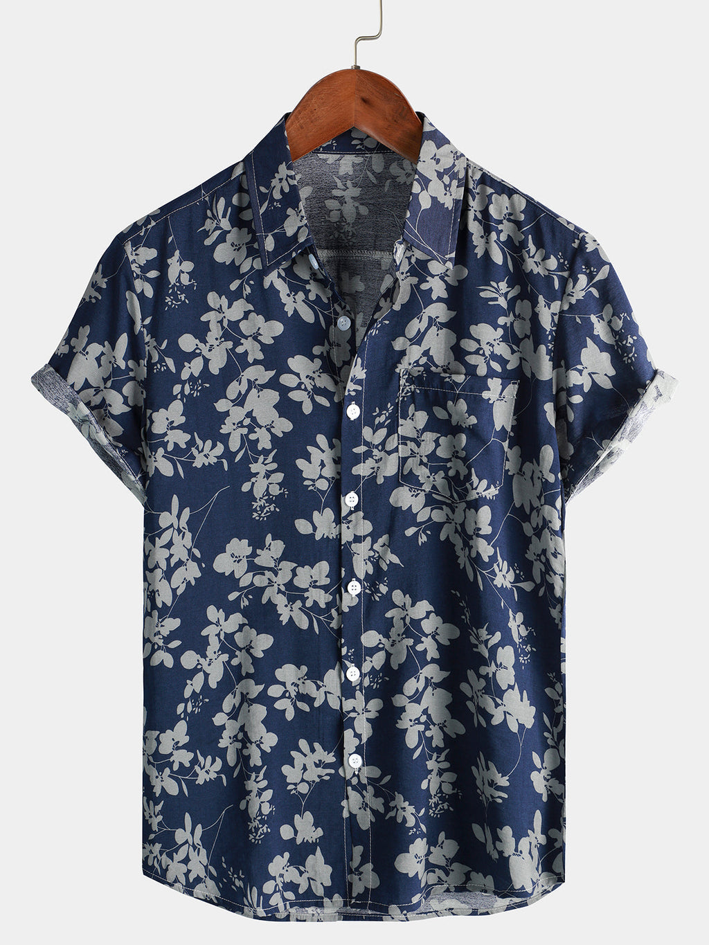 Chemise hawaïenne homme manches courtes, imprimé tropical, bleu foncé