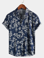 Chemise hawaïenne homme manches courtes, imprimé tropical, bleu foncé