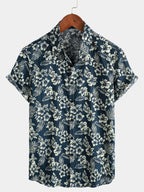 Chemise hawaïenne homme manches courtes, imprimé tropical, blanc et bleu