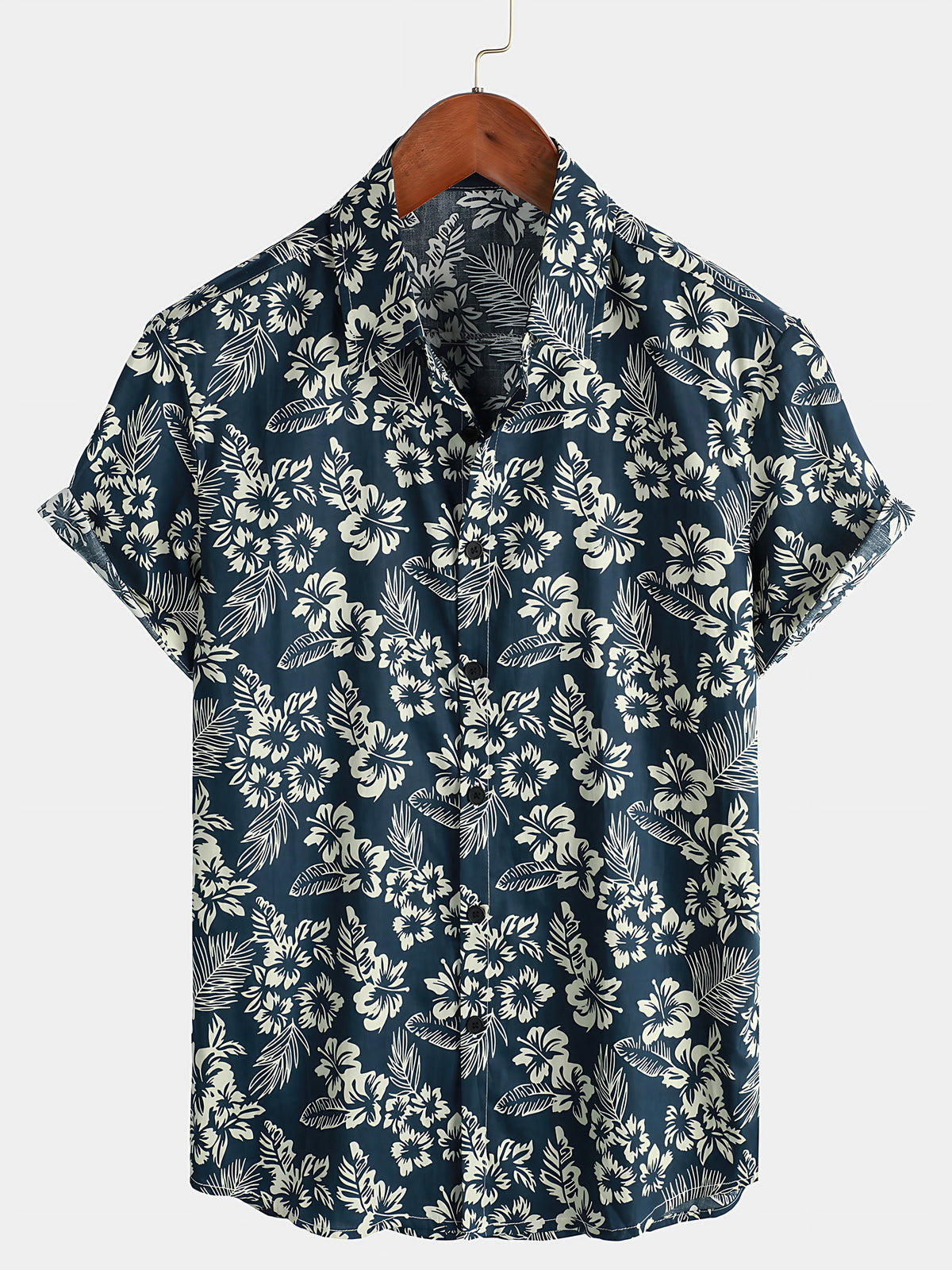 Chemise hawaïenne homme manches courtes, imprimé tropical, blanc et bleu