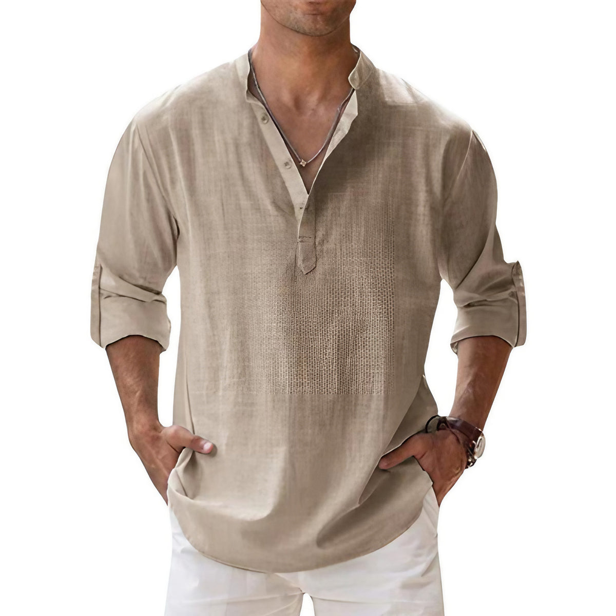 Chemise col tunisien homme, coupe ample, manches longues, kaki