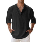 Chemise col tunisien homme, coupe ample, manches longues, noir