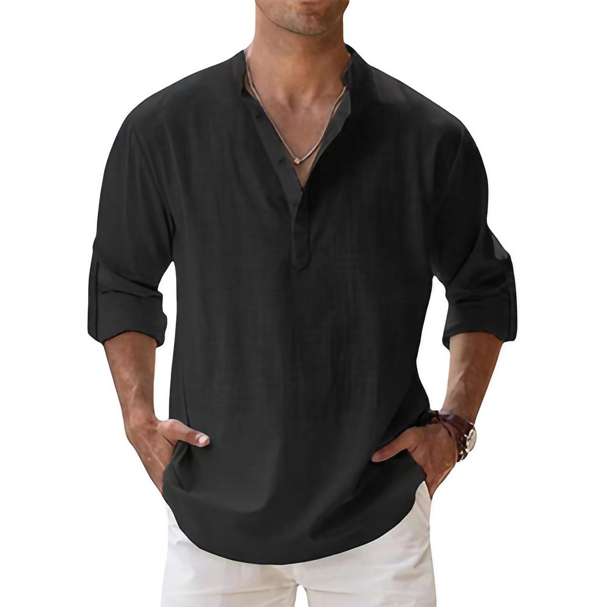 Chemise col tunisien homme, coupe ample, manches longues, noir