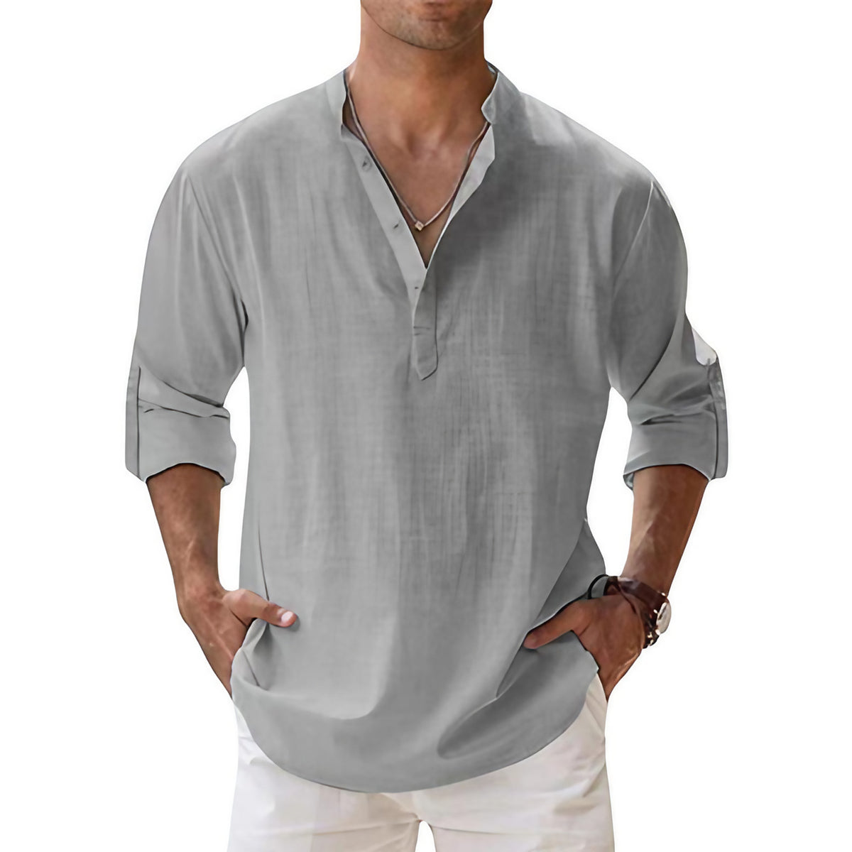 Chemise col tunisien homme, coupe ample, manches longues, gris