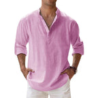 Chemise col tunisien homme, coupe ample, manches longues, rose