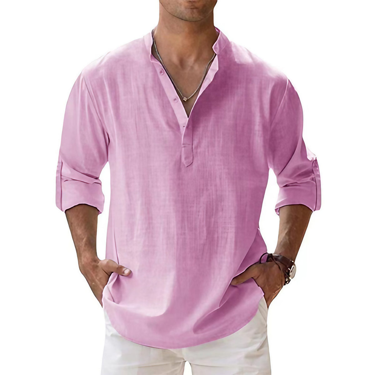 Chemise col tunisien homme, coupe ample, manches longues, rose