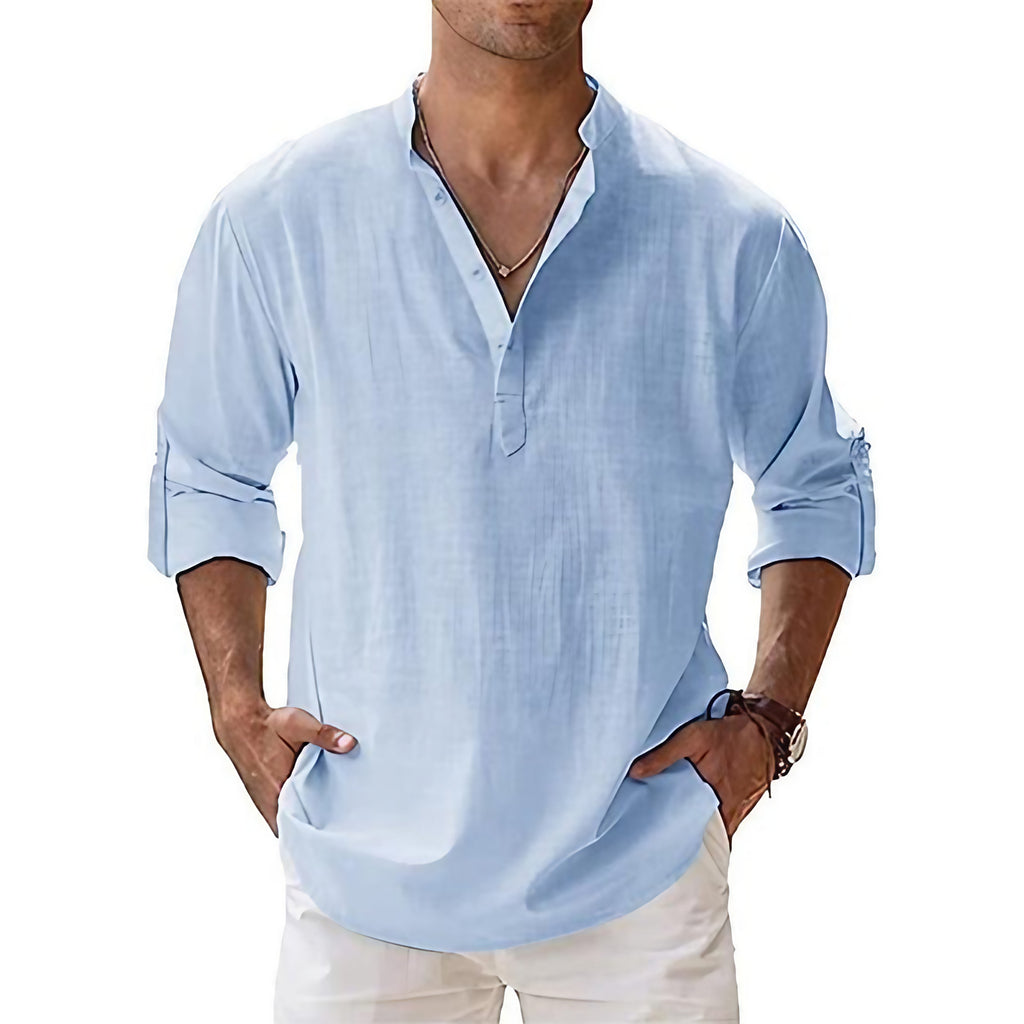 Chemise col tunisien homme, coupe ample, manches longues, bleu clair