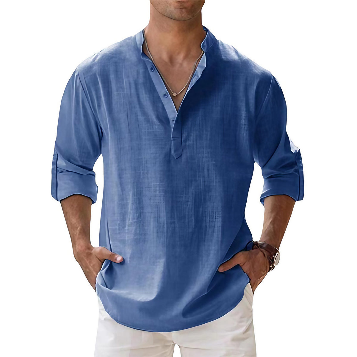 Chemise col tunisien homme, coupe ample, manches longues, bleu